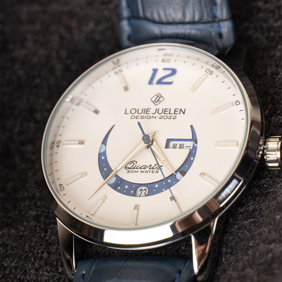 Elegant moon phase watch with luminous calendar for the week