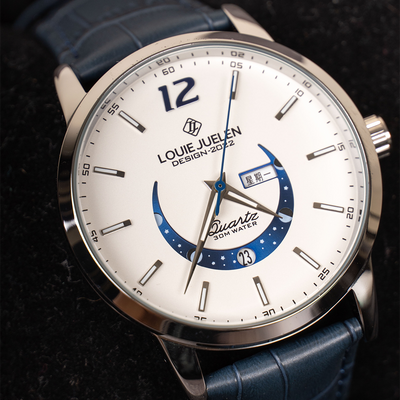 Elegant moon phase watch with luminous calendar for the week