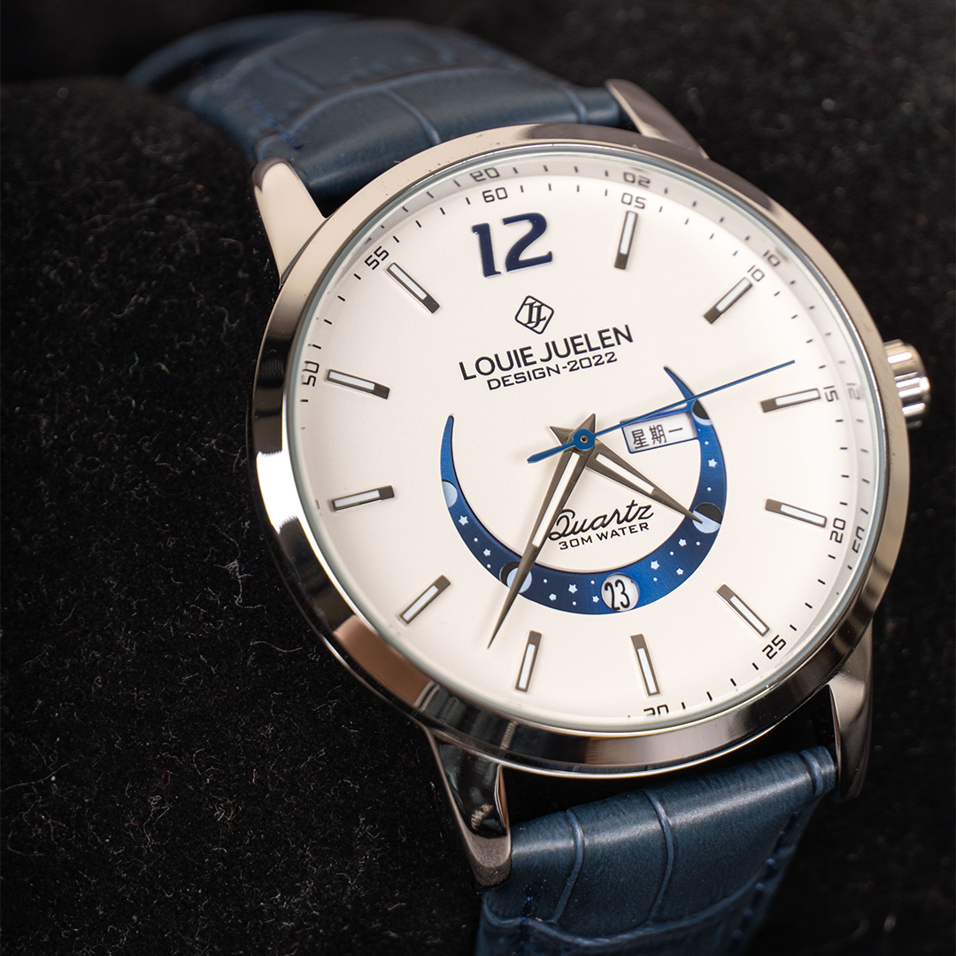 Elegant moon phase watch with luminous calendar for the week