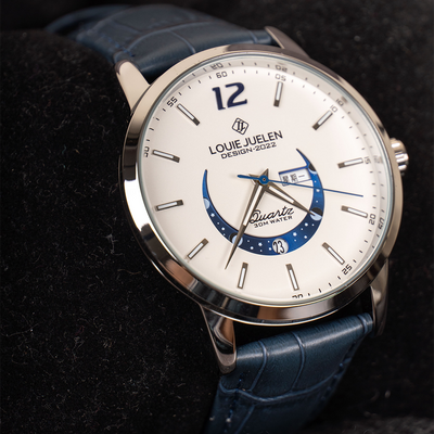 Elegant moon phase watch with luminous calendar for the week