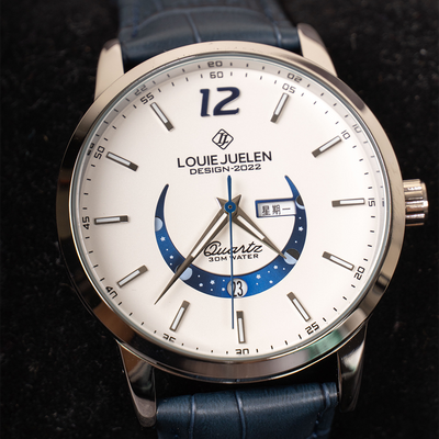 Elegant moon phase watch with luminous calendar for the week