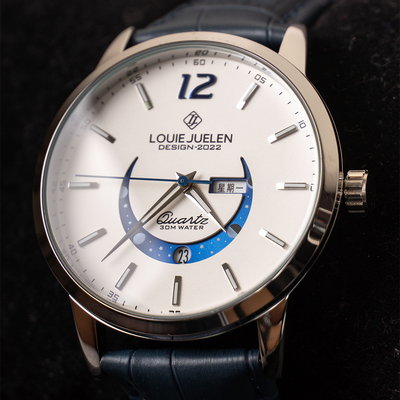 Elegant moon phase watch with luminous calendar for the week