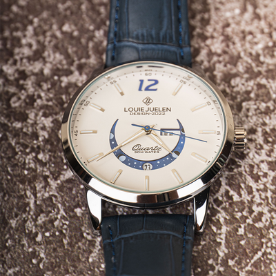 Elegant moon phase watch with luminous calendar for the week