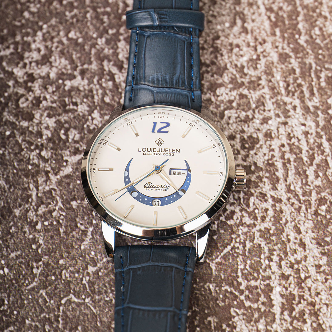 Elegant moon phase watch with luminous calendar for the week