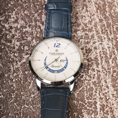 Elegant moon phase watch with luminous calendar for the week