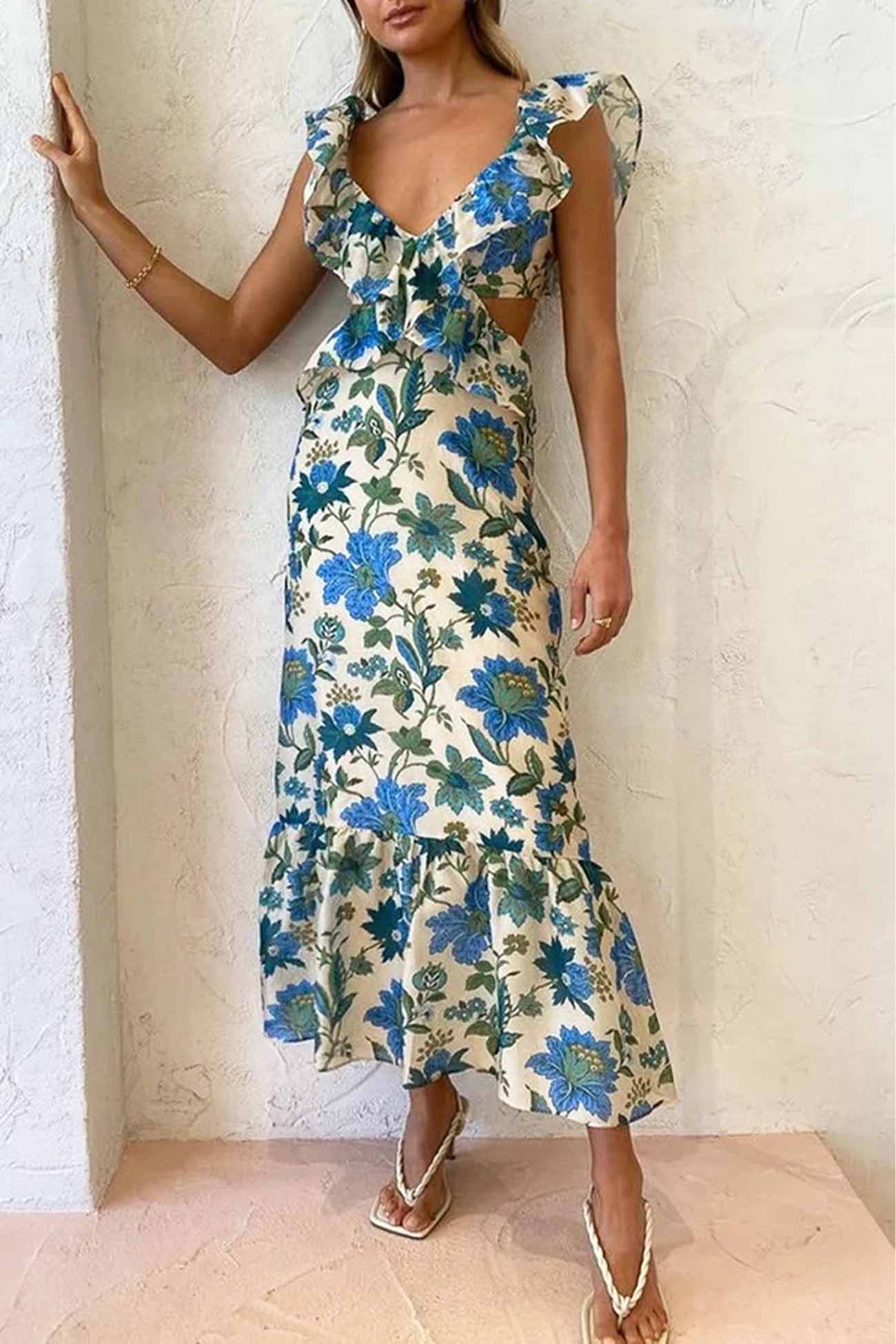 Caroline - Romantic Ruffled Floral Maxi Dress Soft Romance in Every Detail