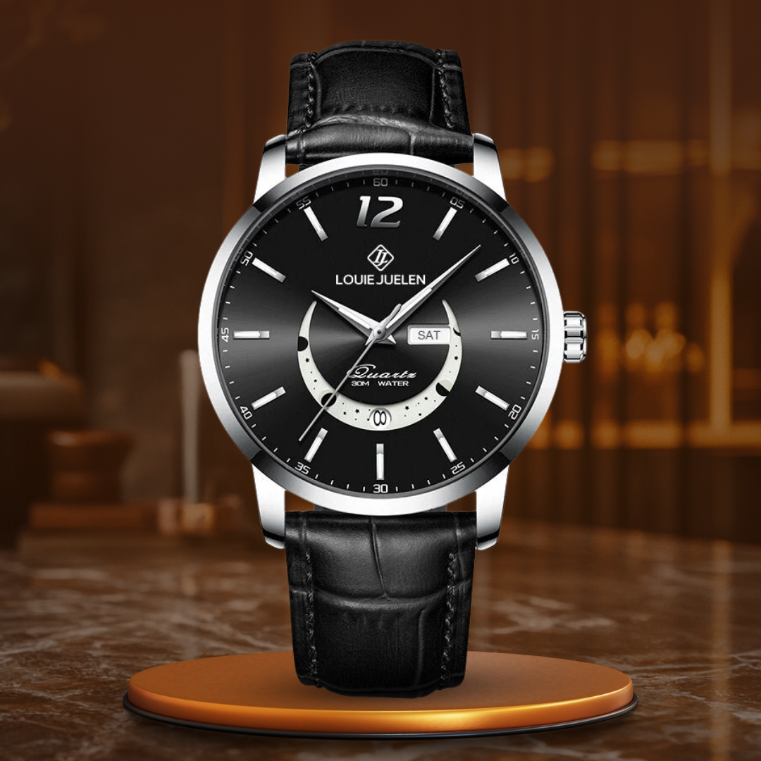 Elegant moon phase watch with luminous calendar for the week