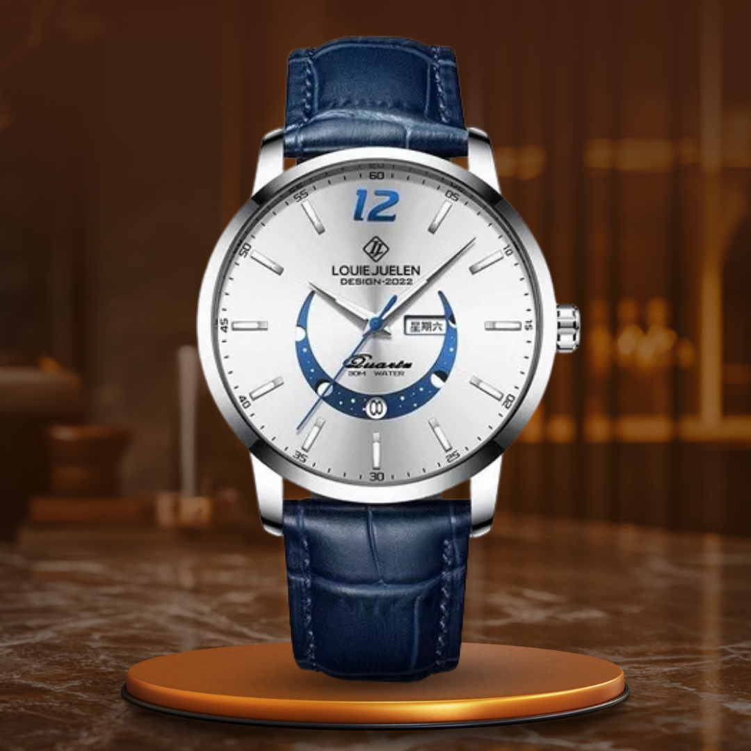 Elegant moon phase watch with luminous calendar for the week