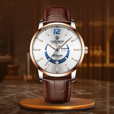 Elegant moon phase watch with luminous calendar for the week