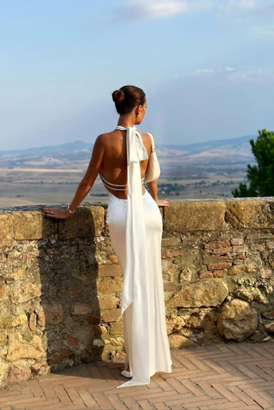 Olivia - Pearl Halter Maxi Dress Elegant Shine with Timeless Style