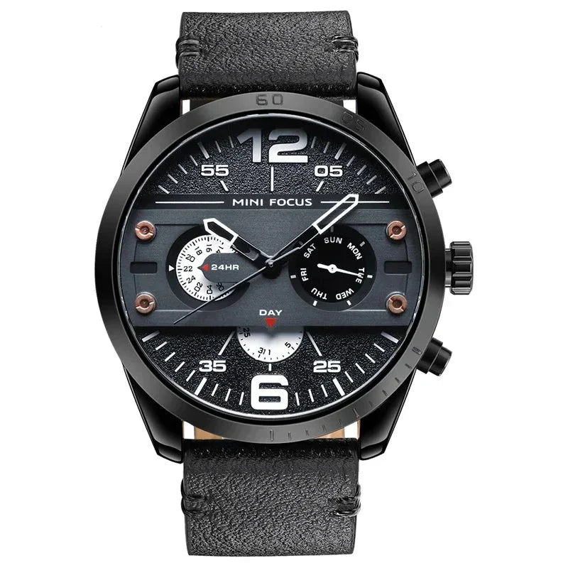 Luxury leather sports watch with quartz chronograph and water resistance