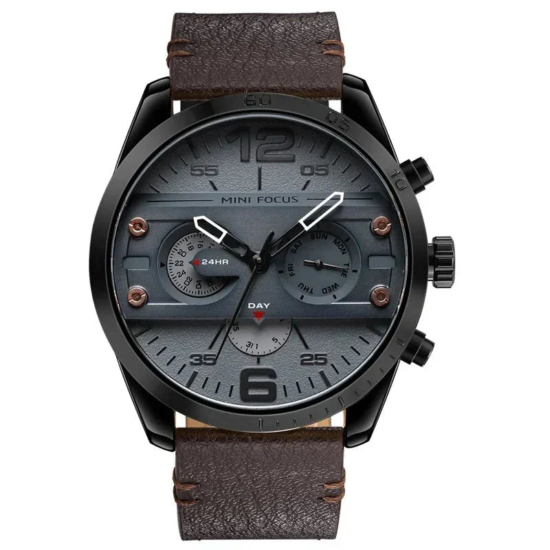 Luxury leather sports watch with quartz chronograph and water resistance