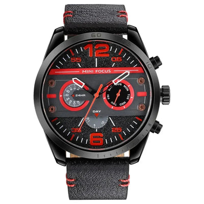 Luxury leather sports watch with quartz chronograph and water resistance