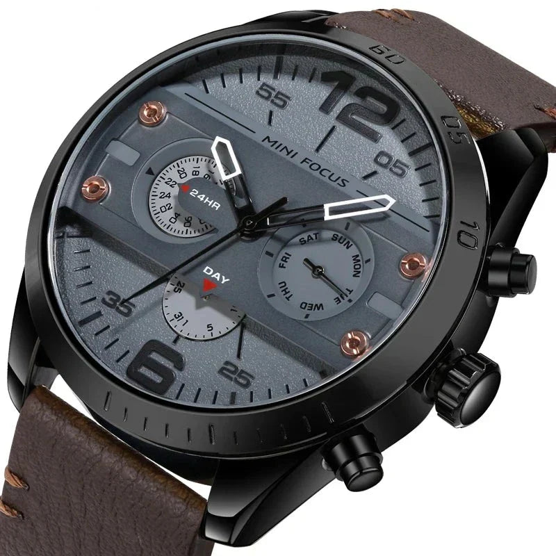 Luxury leather sports watch with quartz chronograph and water resistance