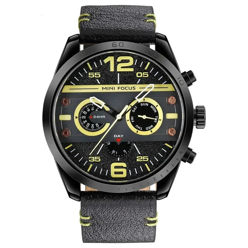 Luxury leather sports watch with quartz chronograph and water resistance