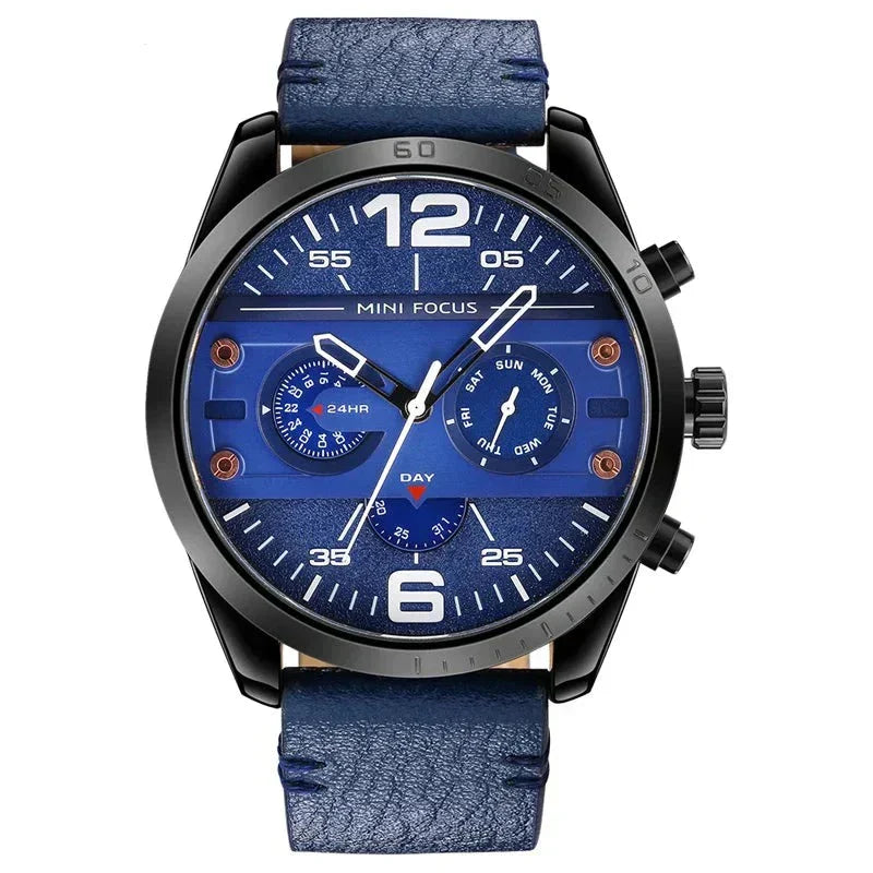 Luxury leather sports watch with quartz chronograph and water resistance