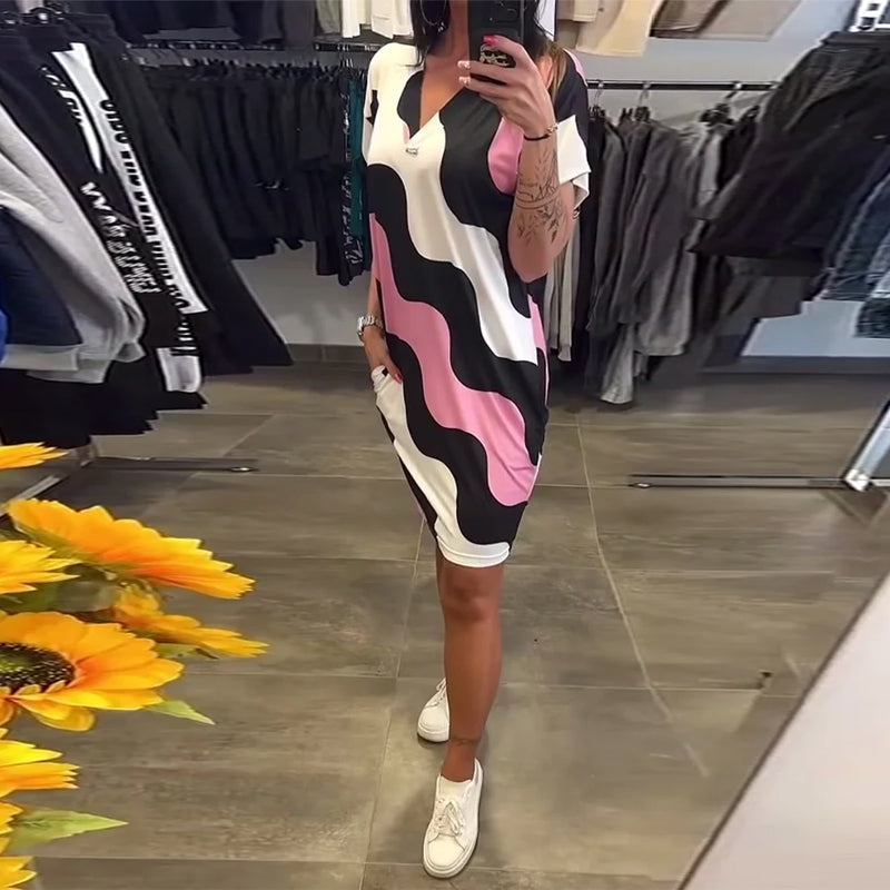 "V-Neck Dress with Wavy Print"