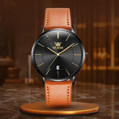 Waterproof leather watch with date display