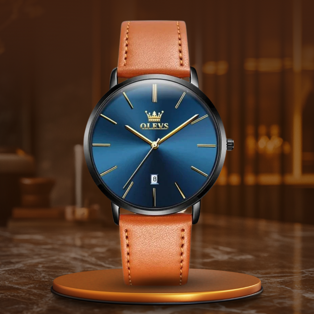 Waterproof leather watch with date display