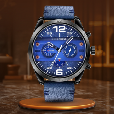 Luxury leather sports watch with quartz chronograph and water resistance