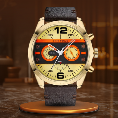 Luxury leather sports watch with quartz chronograph and water resistance