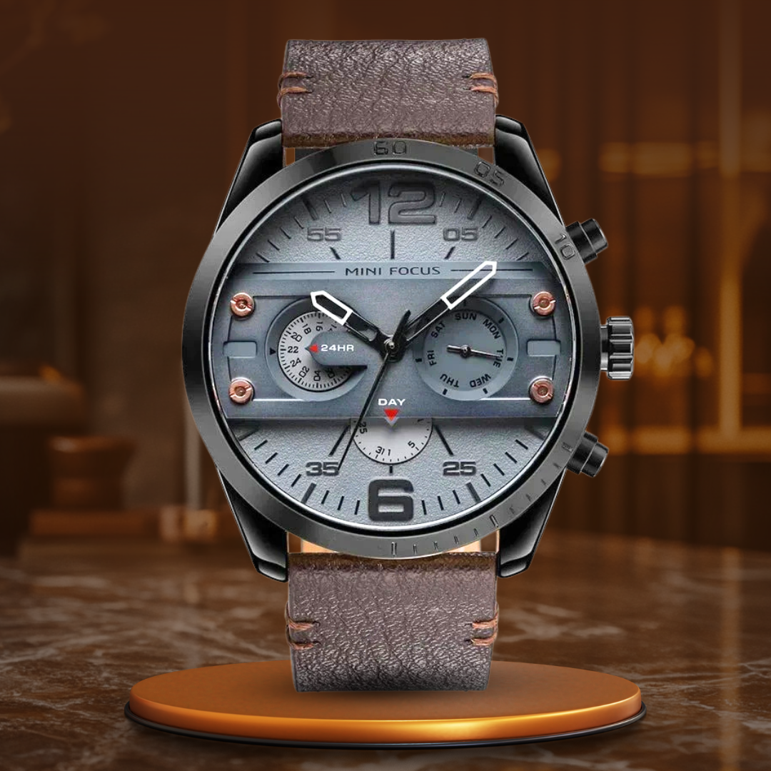 Luxury leather sports watch with quartz chronograph and water resistance