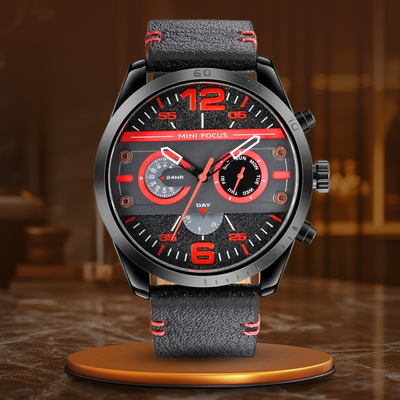 Luxury leather sports watch with quartz chronograph and water resistance