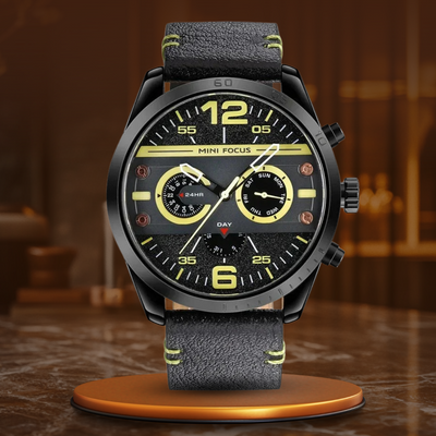 Luxury leather sports watch with quartz chronograph and water resistance