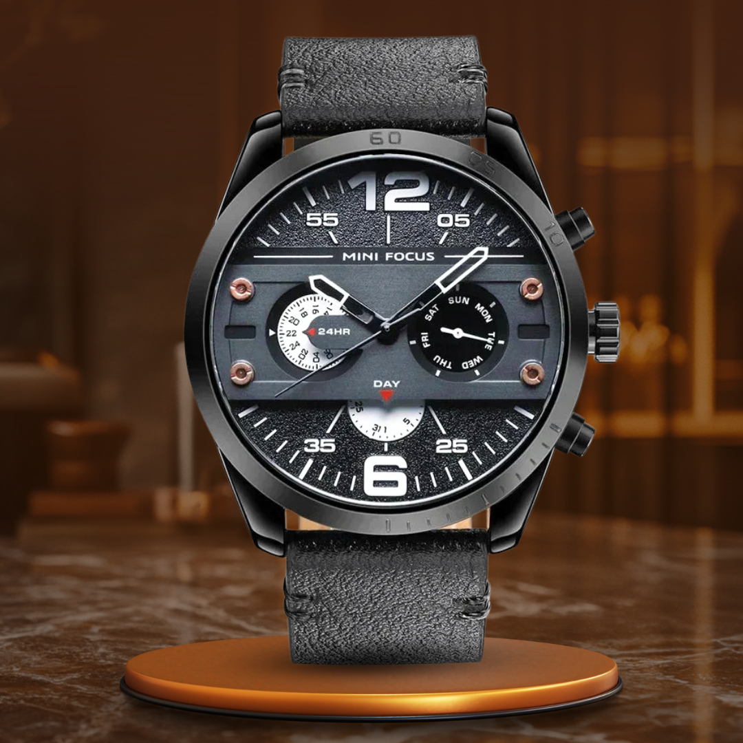 Luxury leather sports watch with quartz chronograph and water resistance