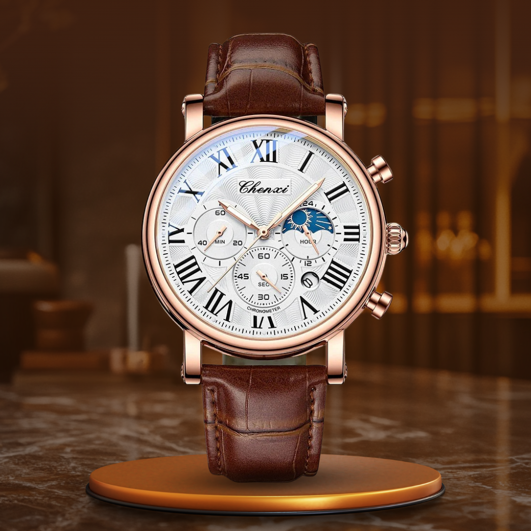 luxury quartz watch with leather strap