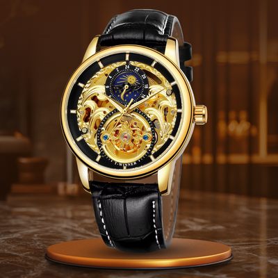 automatic skeleton watch with moon phase display