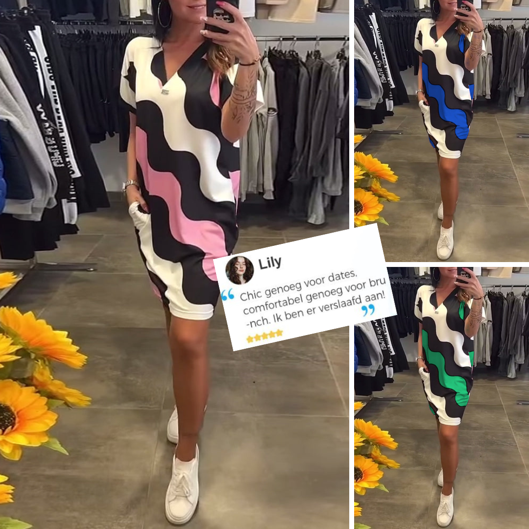 Nina™ – V-neck Dress with Wavy Print
