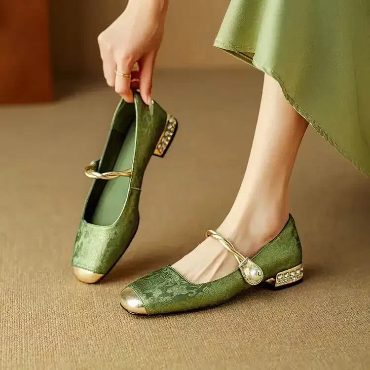 Naila |  Pearl Strap Silky Vintage Pumps