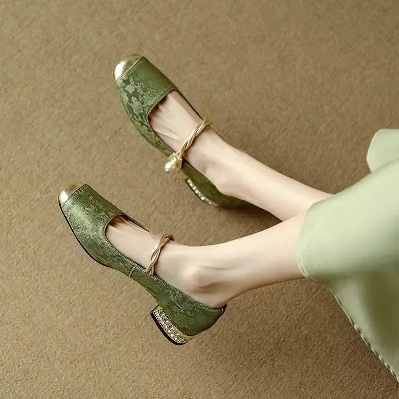 Naila |  Pearl Strap Silky Vintage Pumps