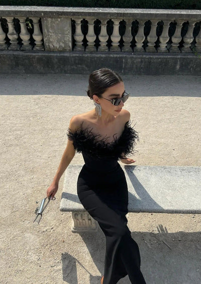 Joanna – Feather-Elegant Maxi Dress