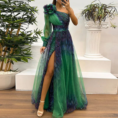Zoe | Trendy One Shoulder Mesh Print Maxi Dress