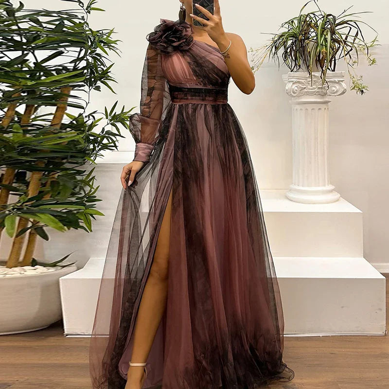 Zoe | Trendy One Shoulder Mesh Print Maxi Dress