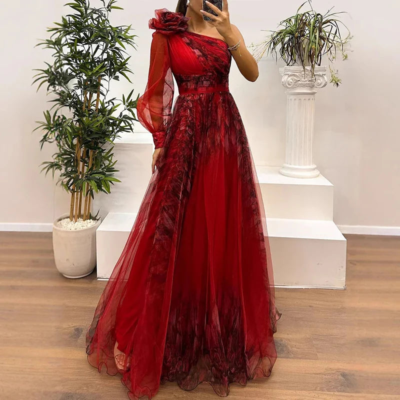Zoe | Trendy One Shoulder Mesh Print Maxi Dress