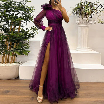 Zoe | Trendy One Shoulder Mesh Print Maxi Dress