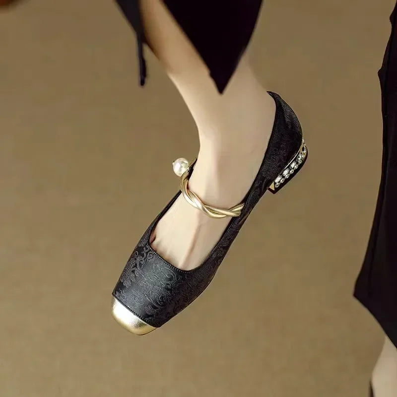 Naila |  Pearl Strap Silky Vintage Pumps