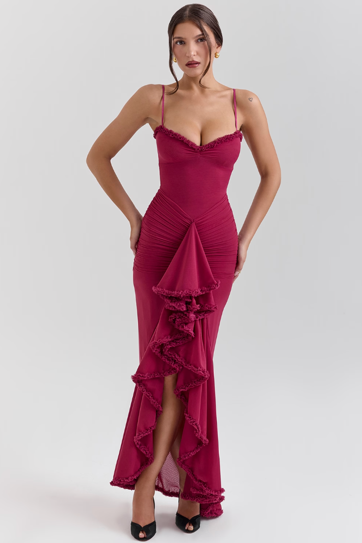 Evelyn - Glamorous Ruffled Midi Dress Drama and Elegance in Every Detail