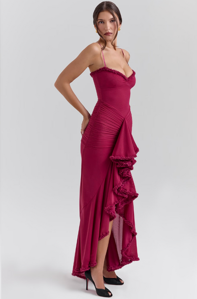 Evelyn - Glamorous Ruffled Midi Dress Drama and Elegance in Every Detail