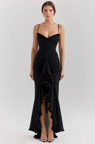 Evelyn - Glamorous Ruffled Midi Dress Drama and Elegance in Every Detail