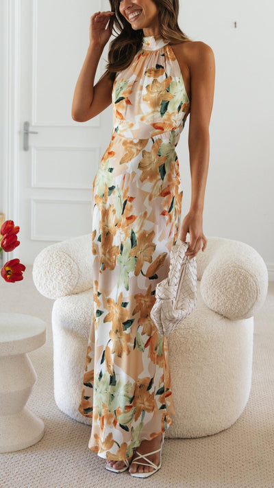 Shane – Whimsical Floral Halter Maxi Dress