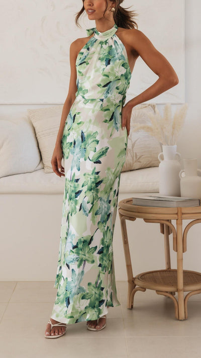 Shane – Whimsical Floral Halter Maxi Dress