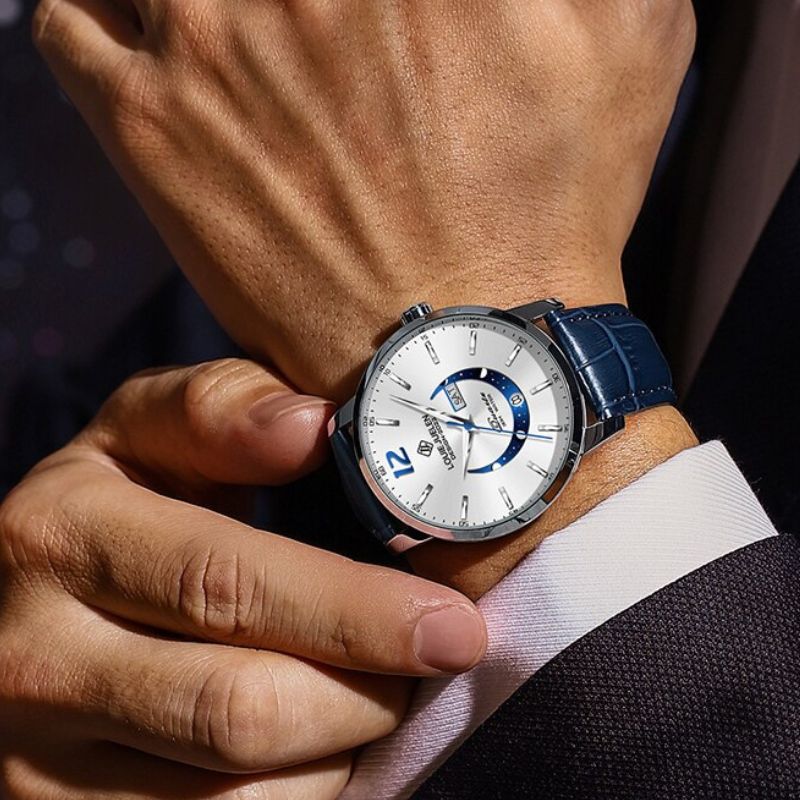 Elegant moon phase watch with luminous calendar for the week