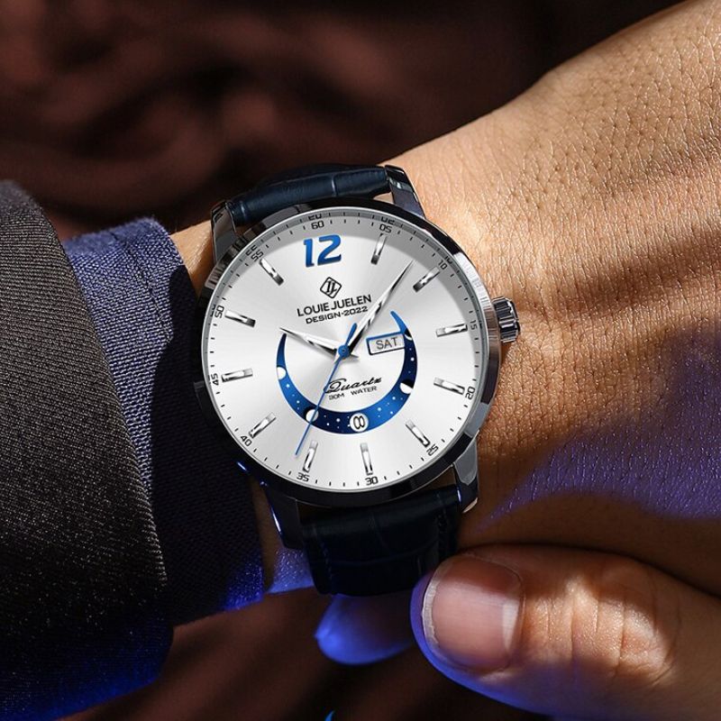 Elegant moon phase watch with luminous calendar for the week