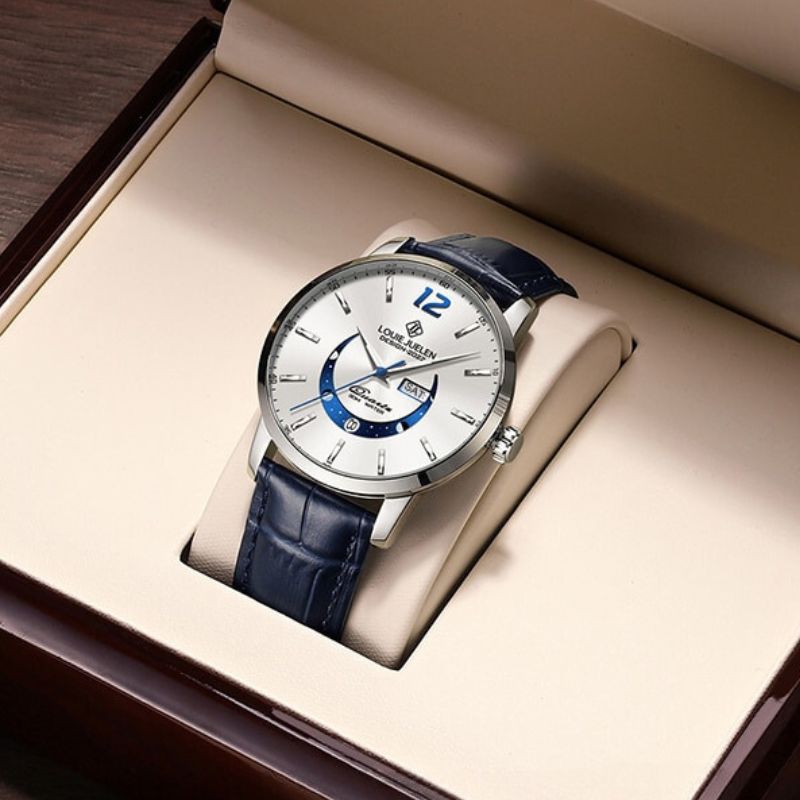 Elegant moon phase watch with luminous calendar for the week