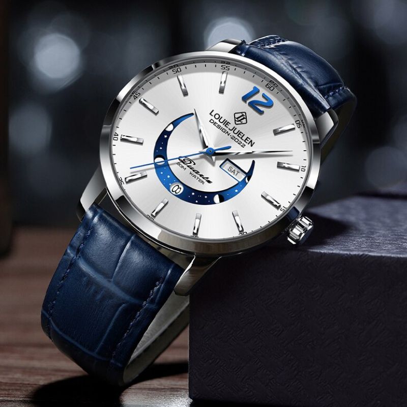 Elegant moon phase watch with luminous calendar for the week