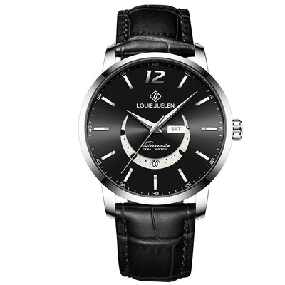 Elegant moon phase watch with luminous calendar for the week